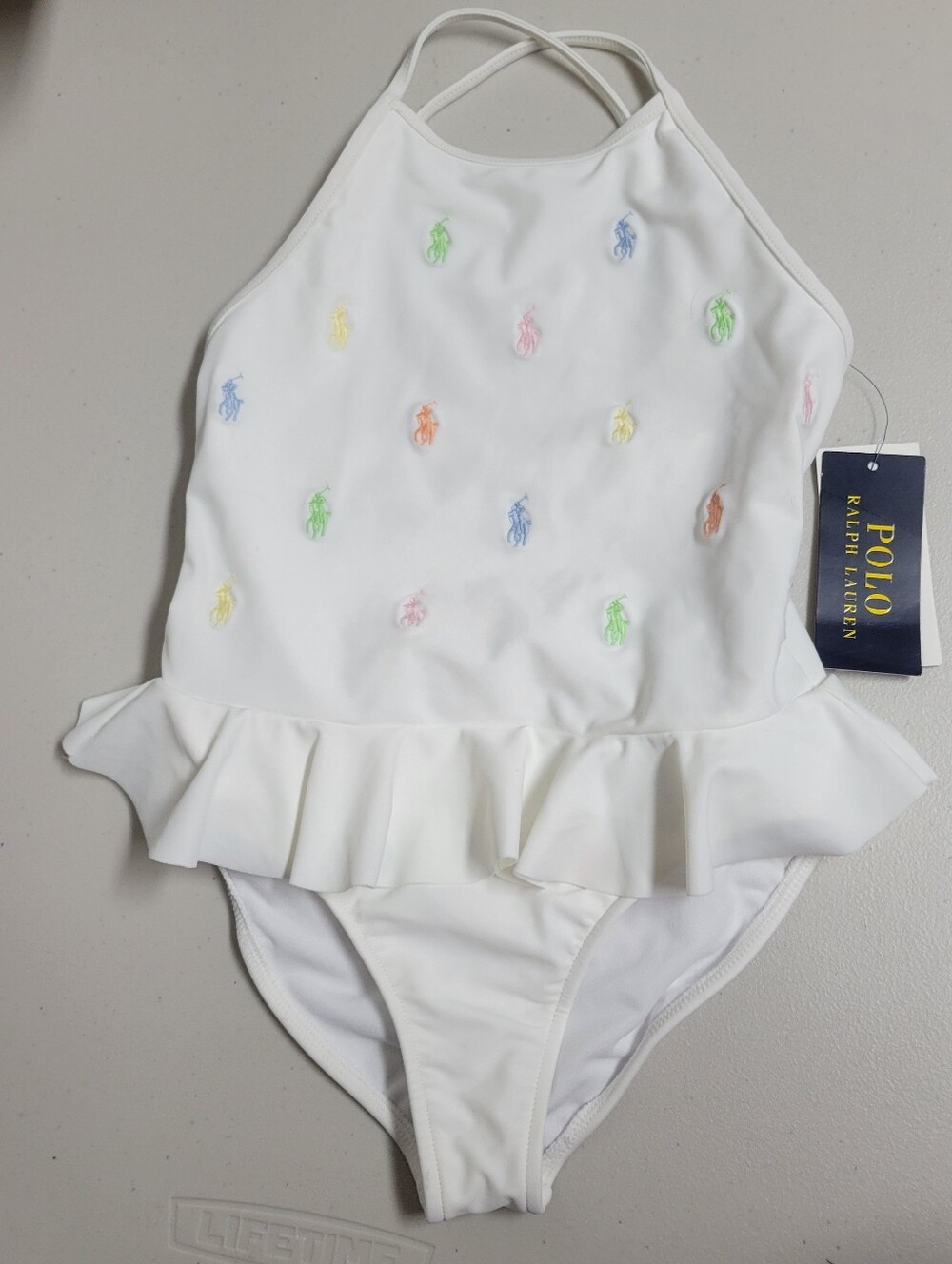 Polo Ralph Lauren NWT White One-Piece Girls Swimsuit with Multicolor Pony Logo. - Picture 4 of 16